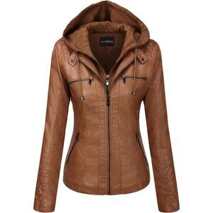 Women's Light Brown Hooded Moto Biker Outerwear Fall Fashion Faux Leather Jacket